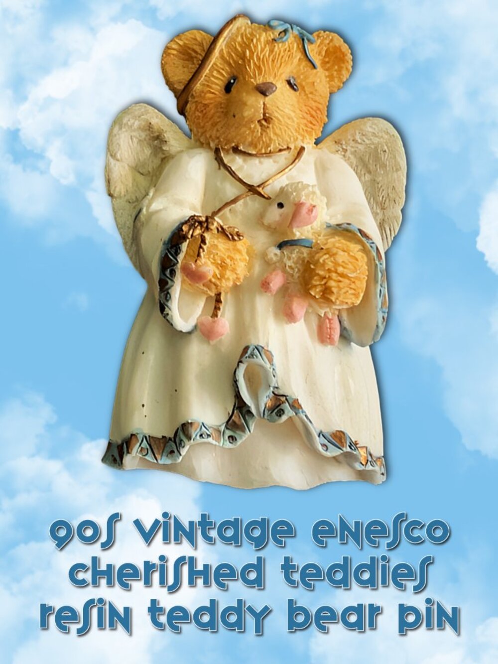 Vintage Enesco Sweet Angel Teddy Bear Brooch Pin, 1980s, Cold Cast Resin